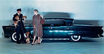 (ADVERTISING) Pair of upscale luxury automobile ads, comprising a well-heeled couple in front of Cartiers